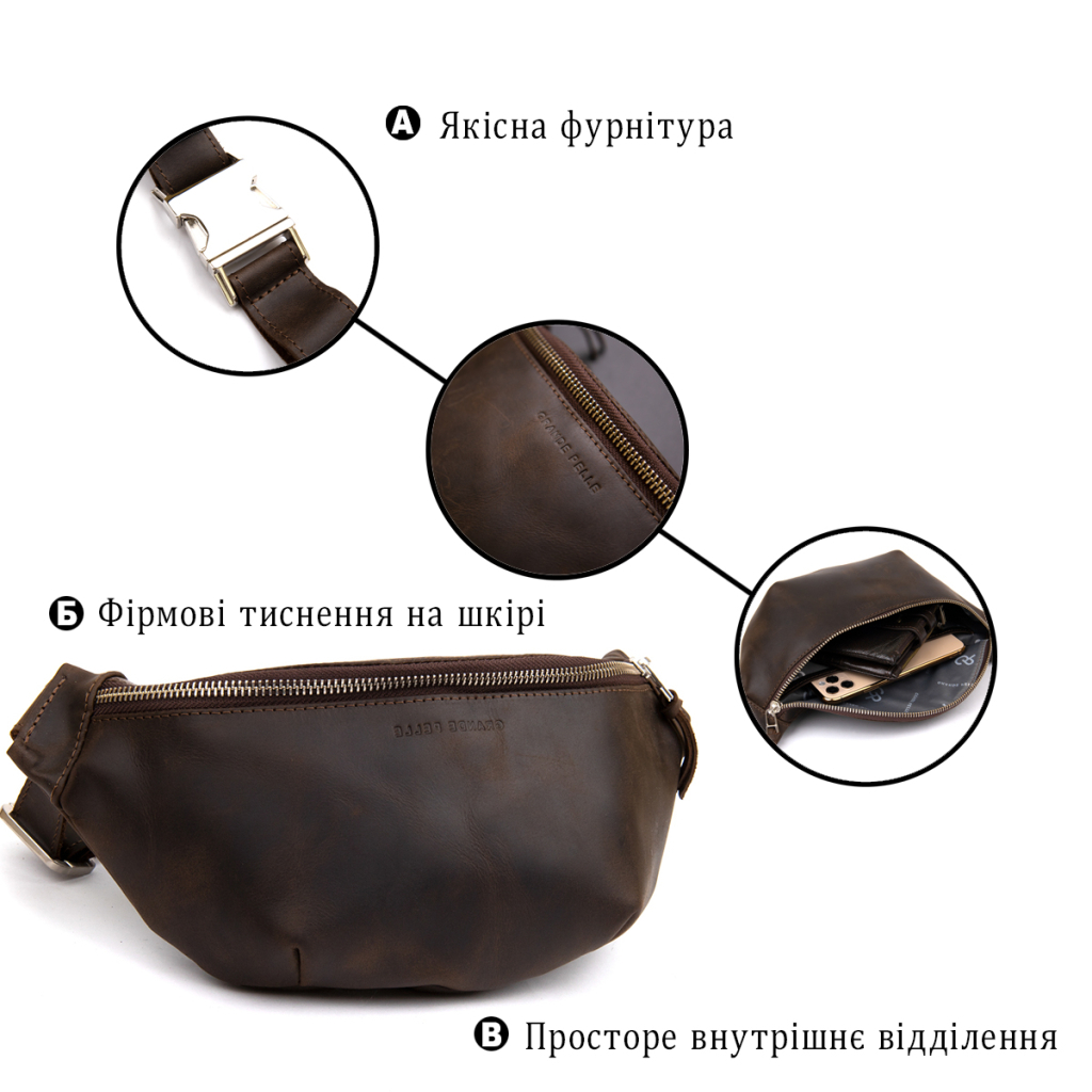 Сумка Grande Pelle Бананка у вінтажній шкірі Коричнева (11154) - зображення 4