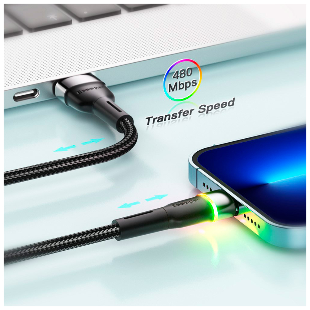 Дата кабель USB 2.0 AM to Lightning 2.0m 2.4A LED black Essager (EXCL-XCDA01) - зображення 7