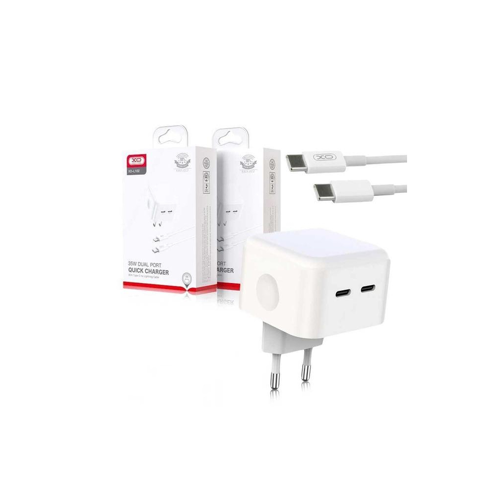 Зарядний пристрій XO QC 3.0 L102 35W/2 USB-C + cable Type-C NB124 White (XO-L102c-WH) - зображення 1