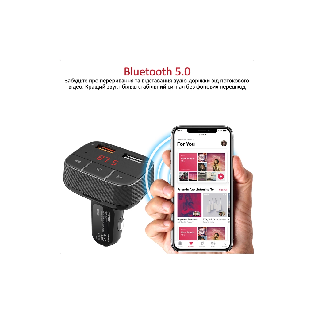 FM модулятор Promate SmarTune 2+ BLUETOOTH 5.0 USB QC 3.0 AUX/SD/USB BLACK (smartune-2+.black) - зображення 2