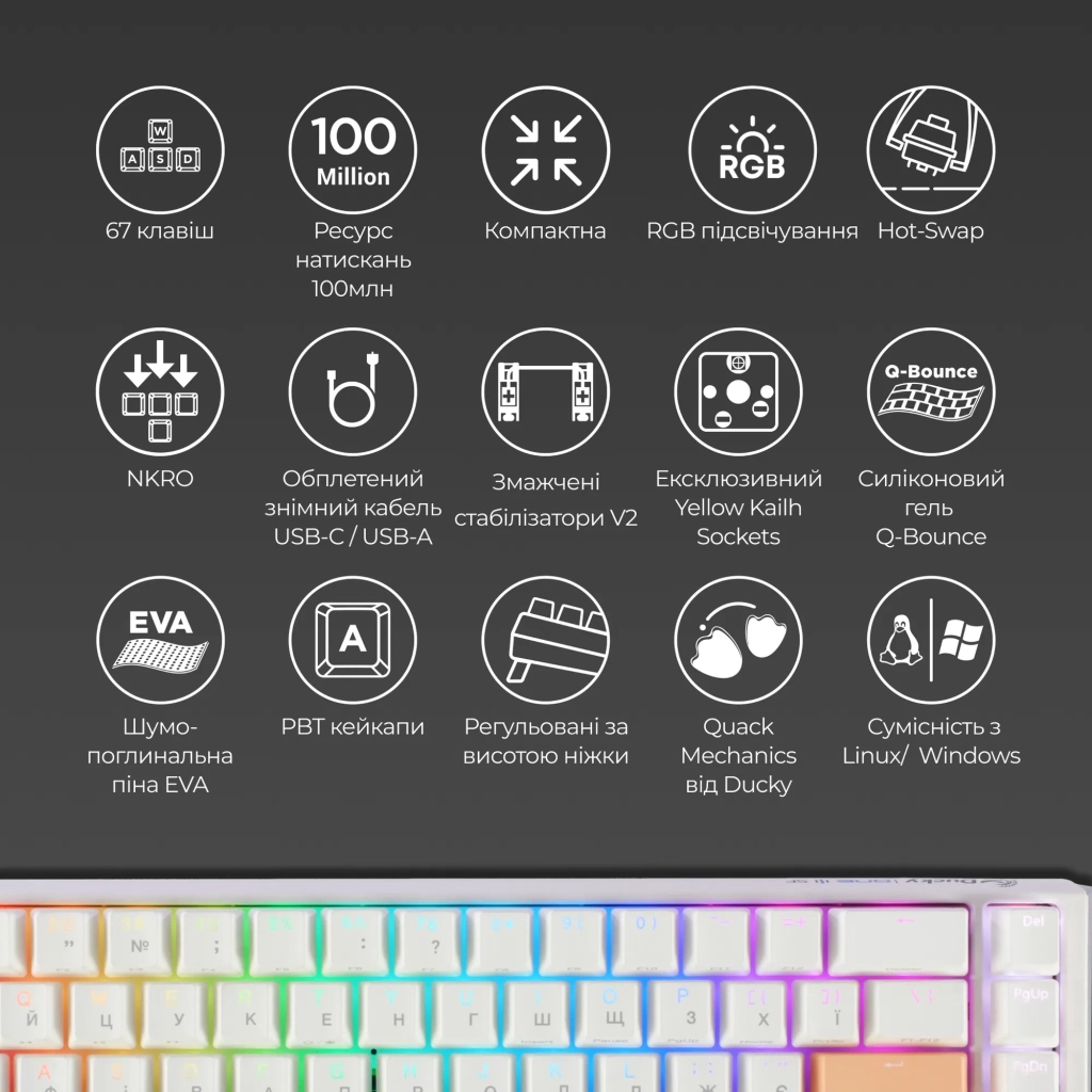 Клавіатура Ducky One 3 SF Cherry MX Red RGB UA USB White (DKON2167ST-RUAPXPWWWSC1) - зображення 4