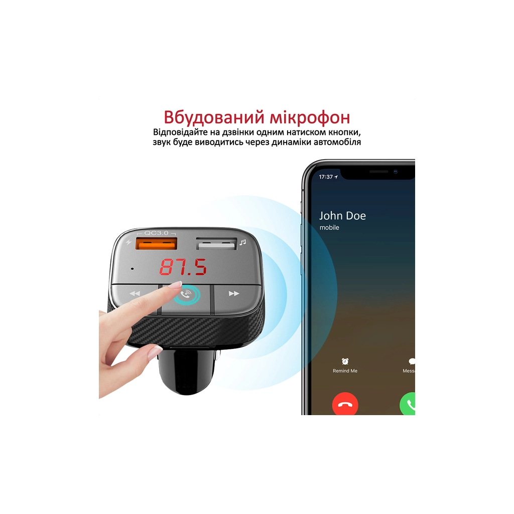 FM модулятор Promate SmarTune 2+ BLUETOOTH 5.0 USB QC 3.0 AUX/SD/USB BLACK (smartune-2+.black) - зображення 4