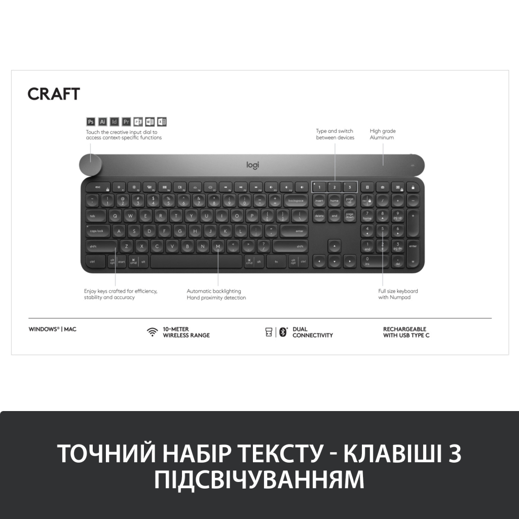 Клавіатура Logitech Craft Wireless UA (920-008504) - зображення 4