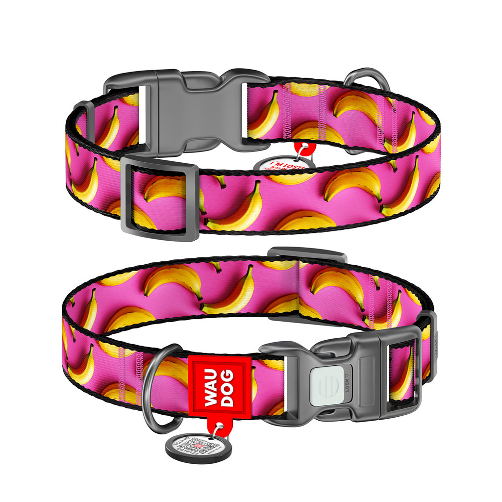 Нашийник для тварин WAUDOG Nylon з QR паспортом "Банани на рожевому" пластиковий фастекс XXL (284-4055) - зображення 1
