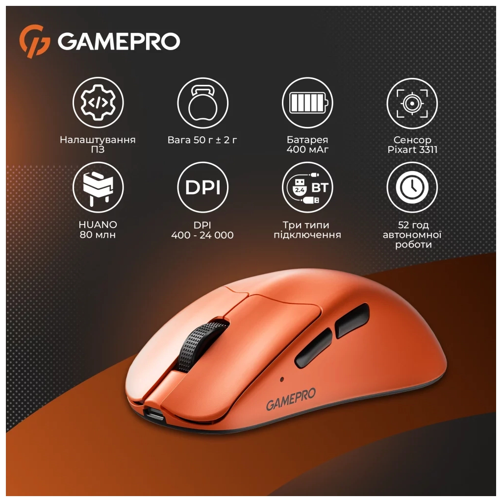Мишка GamePro Genesis Avenger Wireless/Bluetooth/USB Orange (GM096O) - зображення 12