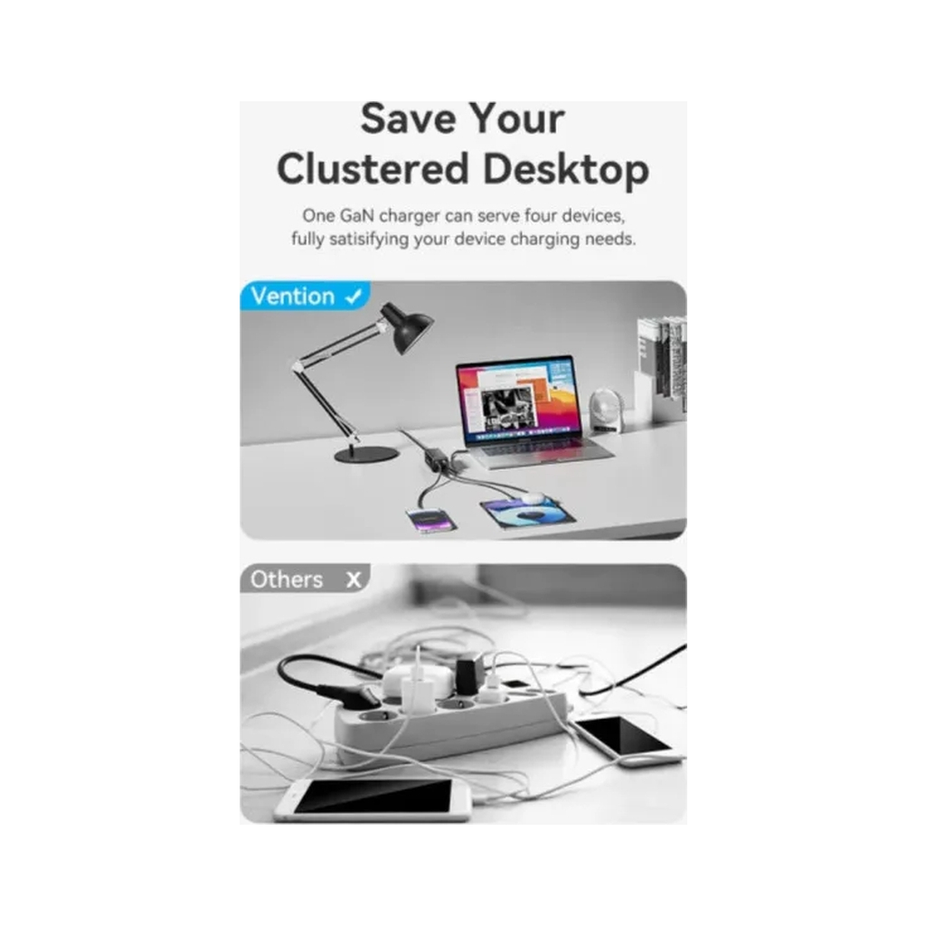 Зарядний пристрій Vention 4xUSB 100W (2xUSB-C+2xUSB-A) PD3.0/QC 3.0/GaN White (FBSWG-EU) - зображення 3