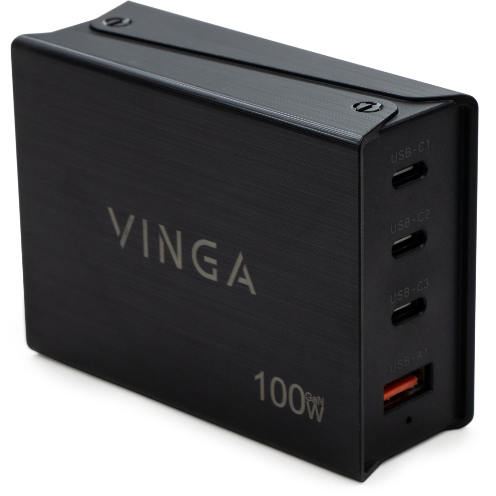 Зарядний пристрій Vinga GaN 100W PD+QC 3C1A ports 1.2m Wired Charger (VCPCH100CB) - зображення 1