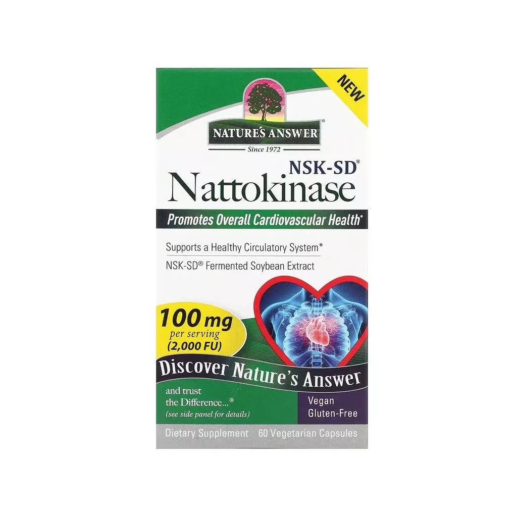 Вітамінно-мінеральний комплекс Nature's Answer Наттокіназа, 100 мг, Nattokinase, 60 вегетаріанських капсул (NTA-16575) - зображення 1