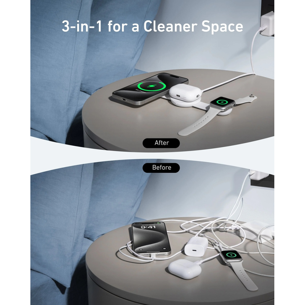 Зарядний пристрій Anker MagGo Wireless Charging Pad 15W 3-in-1 Foldable White (B25M8H21) - зображення 2