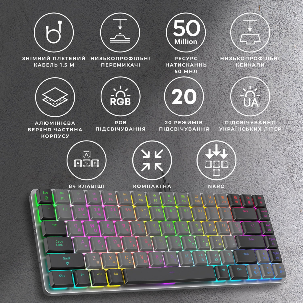 Клавіатура GamePro MK141R Red Swich Low Profile RGB USB Dark Gray (MK141R) - зображення 7