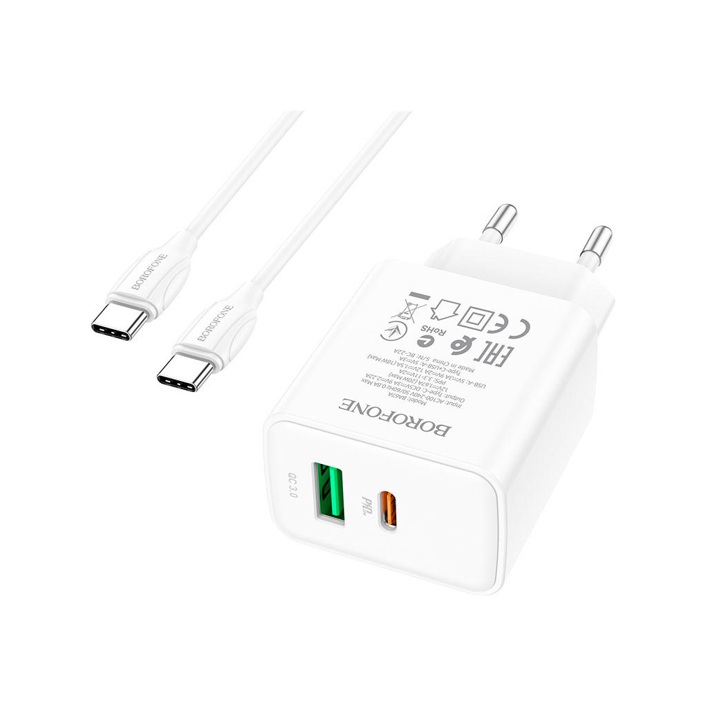 Зарядний пристрій BOROFONE BA67A charger set (Type-C to Type-C) White (BA67ACCW) - зображення 2
