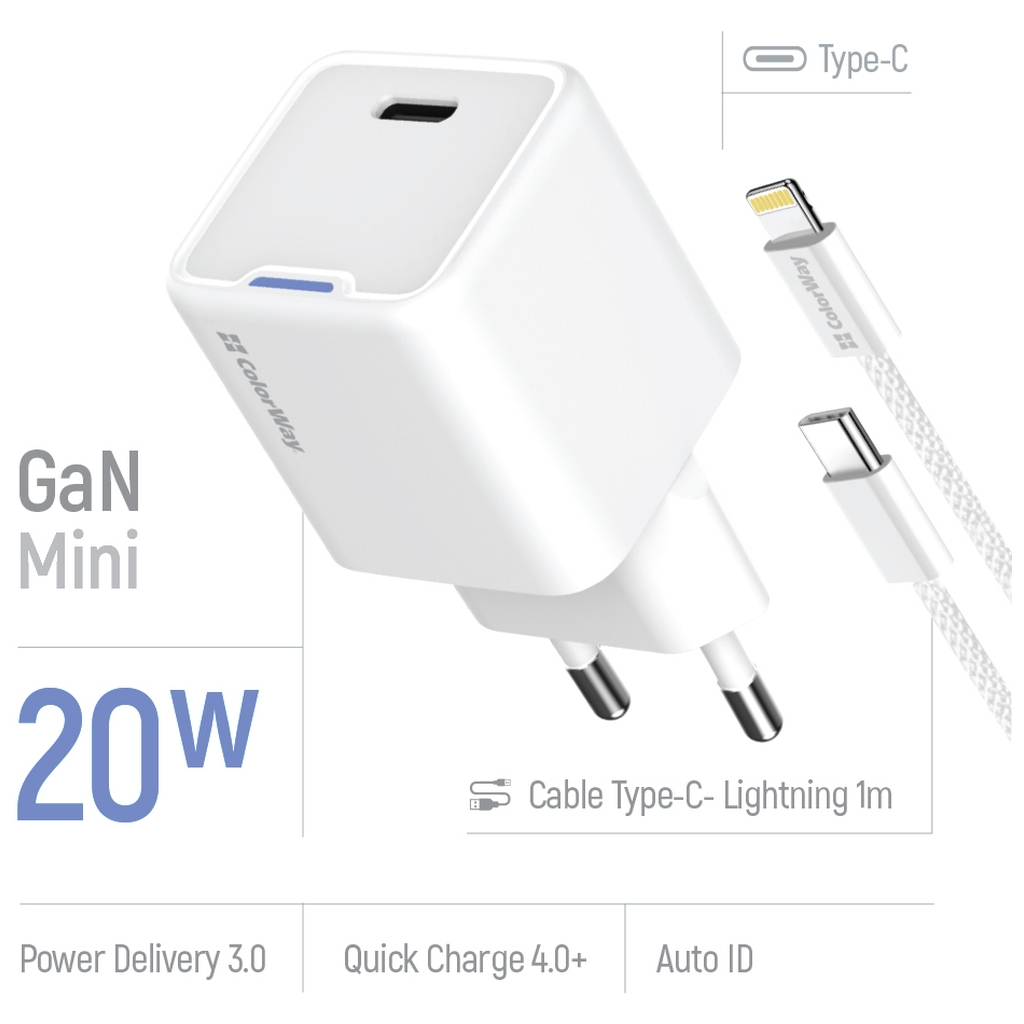 Зарядний пристрій ColorWay C101D GaN Mini 20W PD PPS USB-C + cable USB-C to Lightning white (CW-CHS059PDL-WT) - изображение 7
