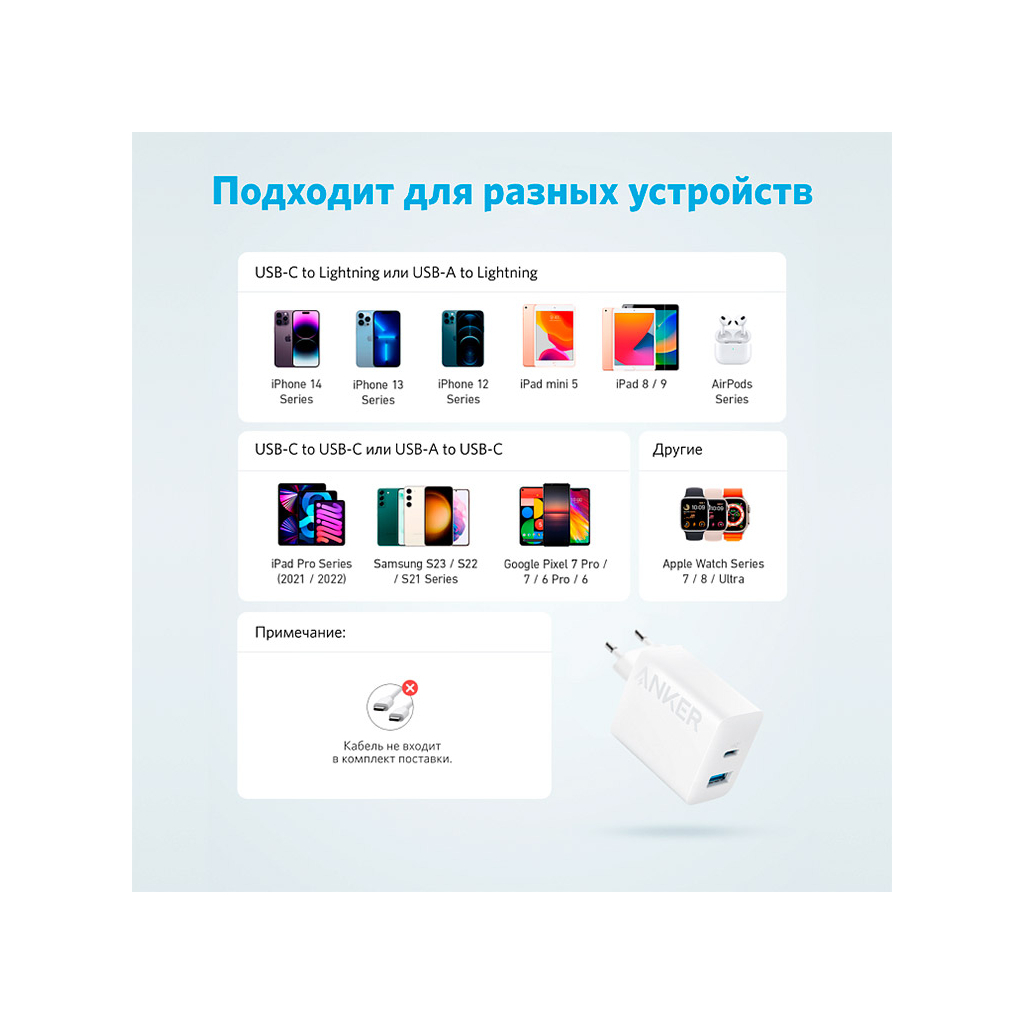 Зарядний пристрій Anker PowerPort 20W USB-C + USB-A White (A2348G21) - зображення 7