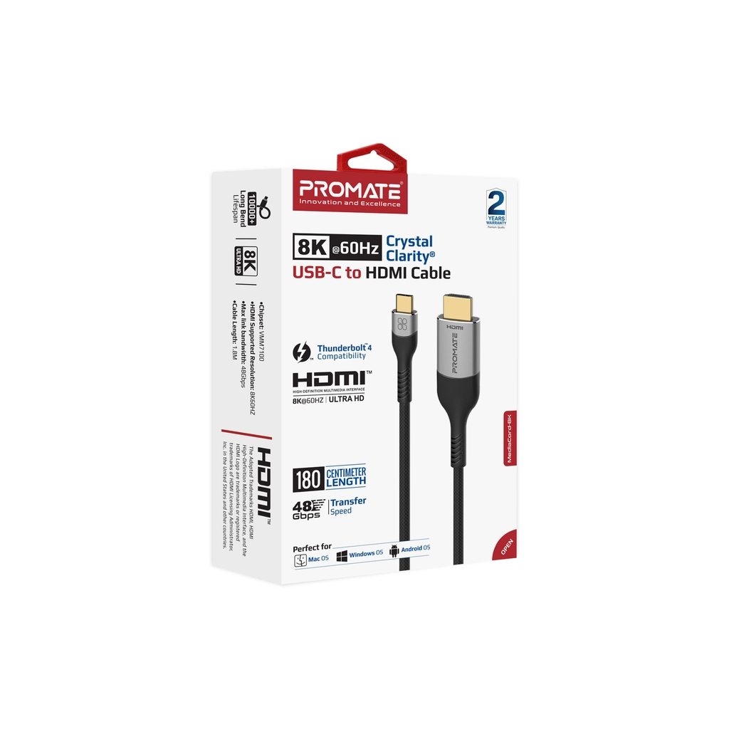 Кабель мультимедійний USB-C to HDMI M 1.8m grey Promate (mediacord-8k.grey) - зображення 2