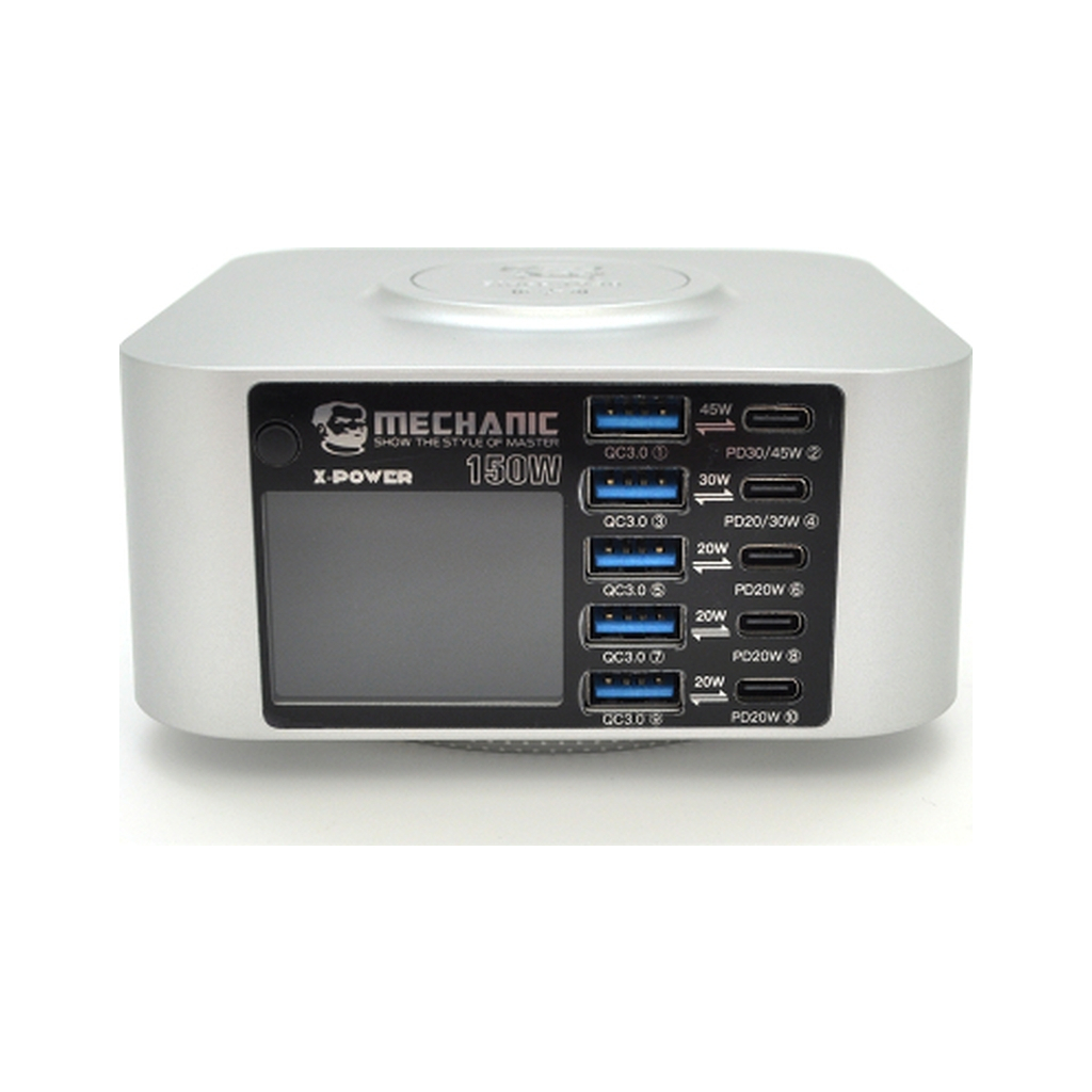 Зарядний пристрій MECHANIC 5xUSB-C PD + 5xUSB QC3.0 + Wireless Charging 15W LED indication 150W black (X-Power-150W) - зображення 1