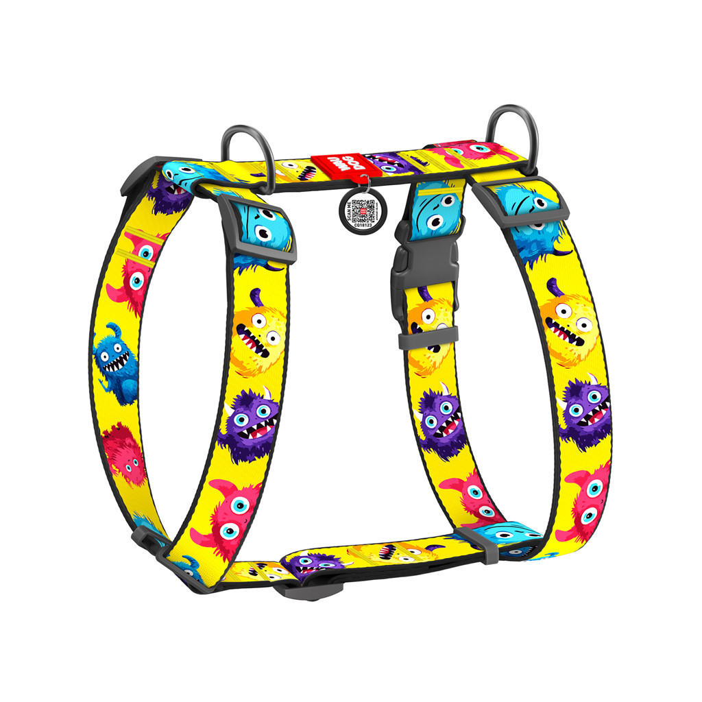 Шлея для собак WAUDOG Nylon з QR-паспортом анатомічна H-подібна "Мохнаті монстри" пластиковий фастекс XL (323-4050) - зображення 1