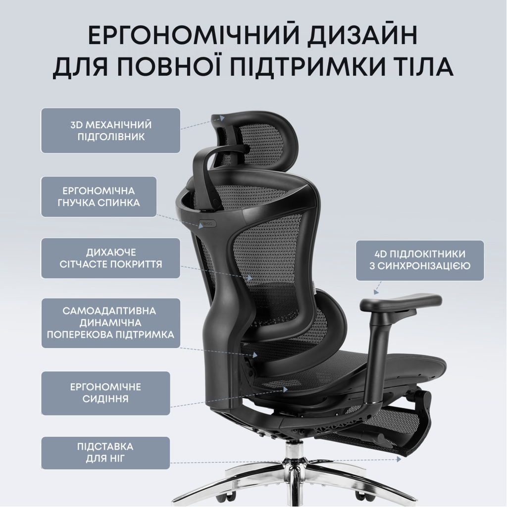 Офісне крісло Sihoo з підставкою для ніг DORO C300L Mesh Black with footrest (DORO-C300L-A3-101-JT) - picture 9