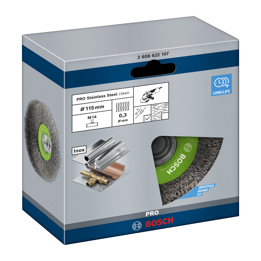 Щітка для електроінструменту Bosch нержавіюча 115мм, 0.3мм, M14 (2.608.622.107) - зображення 2