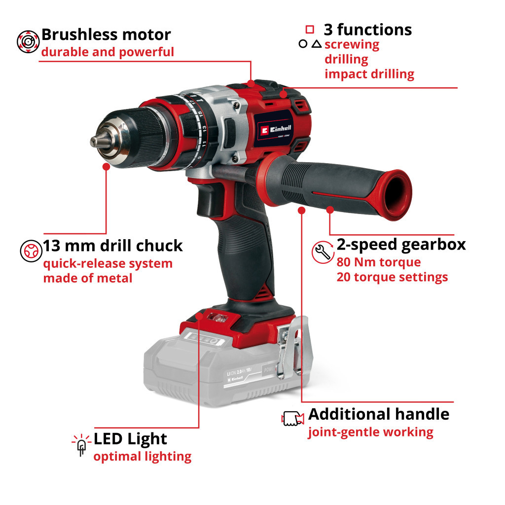 Шуруповерт Einhell TP-CD 18/80 Li-i BL - Solo, PXC 18В, 80Нм (без АКБ та ЗП) (4514305) - изображение 4