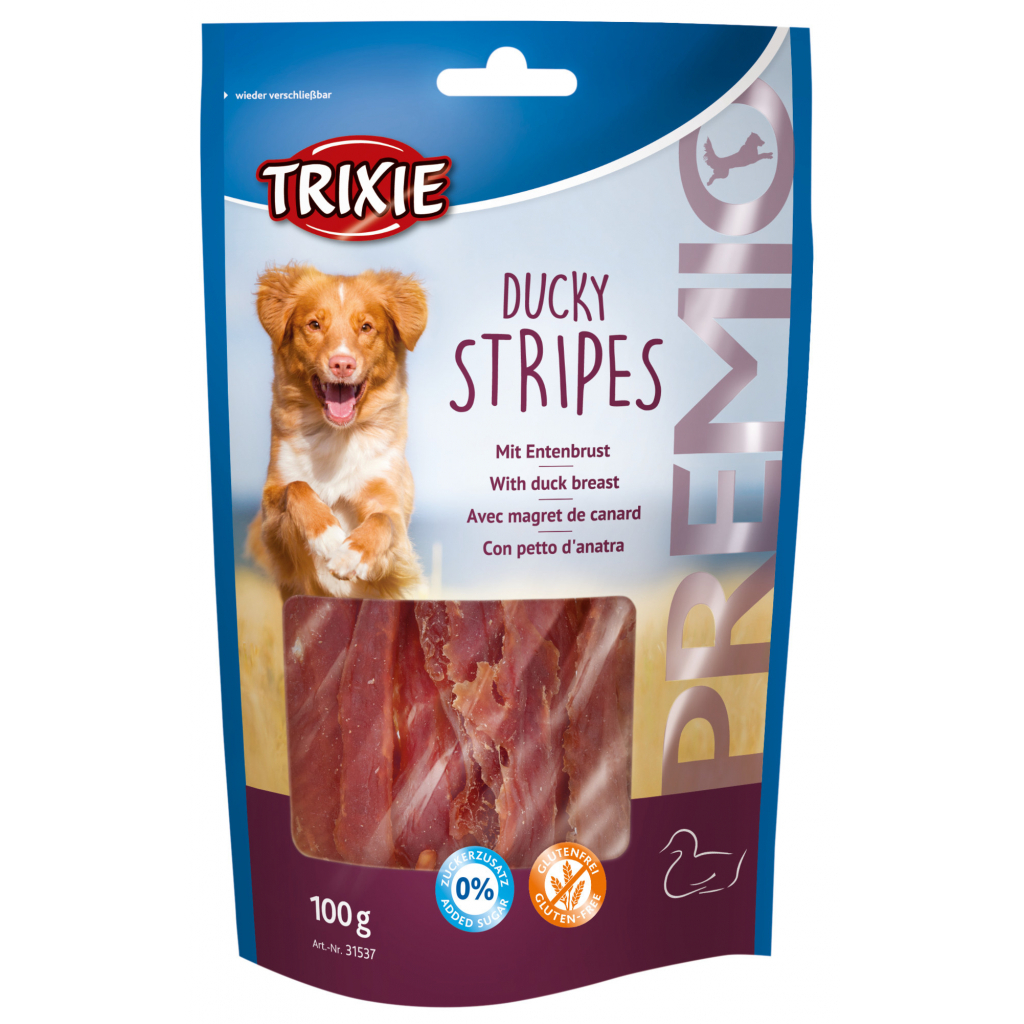 Ласощі для собак Trixie Premio Ducky Stripes качка 100 г (4011905315379) - зображення 1