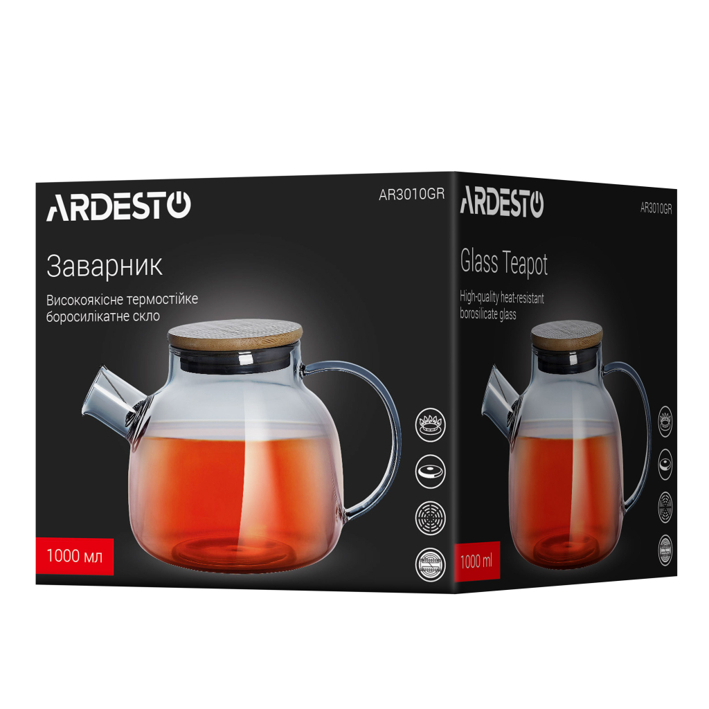 Заварник Ardesto Graphite, 1000мл, боросилікатне скло, бамбук, cірий (AR3010GR) - изображение 5