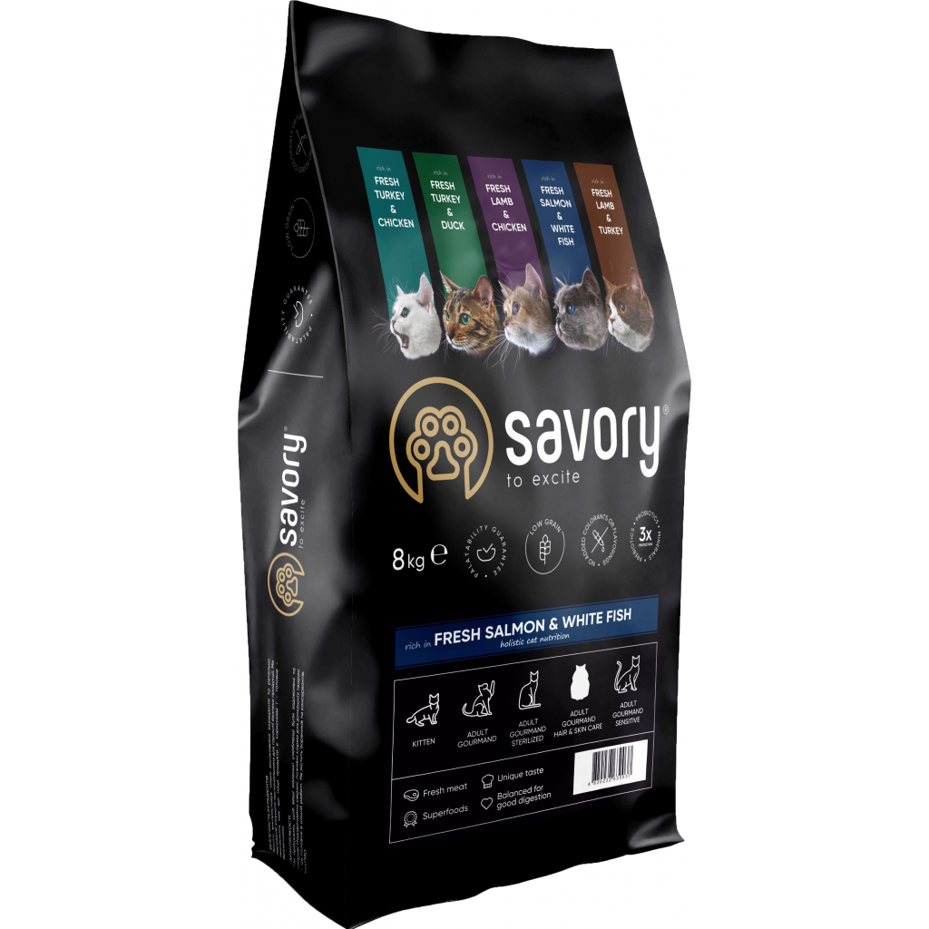 Сухий корм для кішок Savory Adult Cat Gourmand Fresh Salmon and White Fish 8 кг (4820232630037) - зображення 1