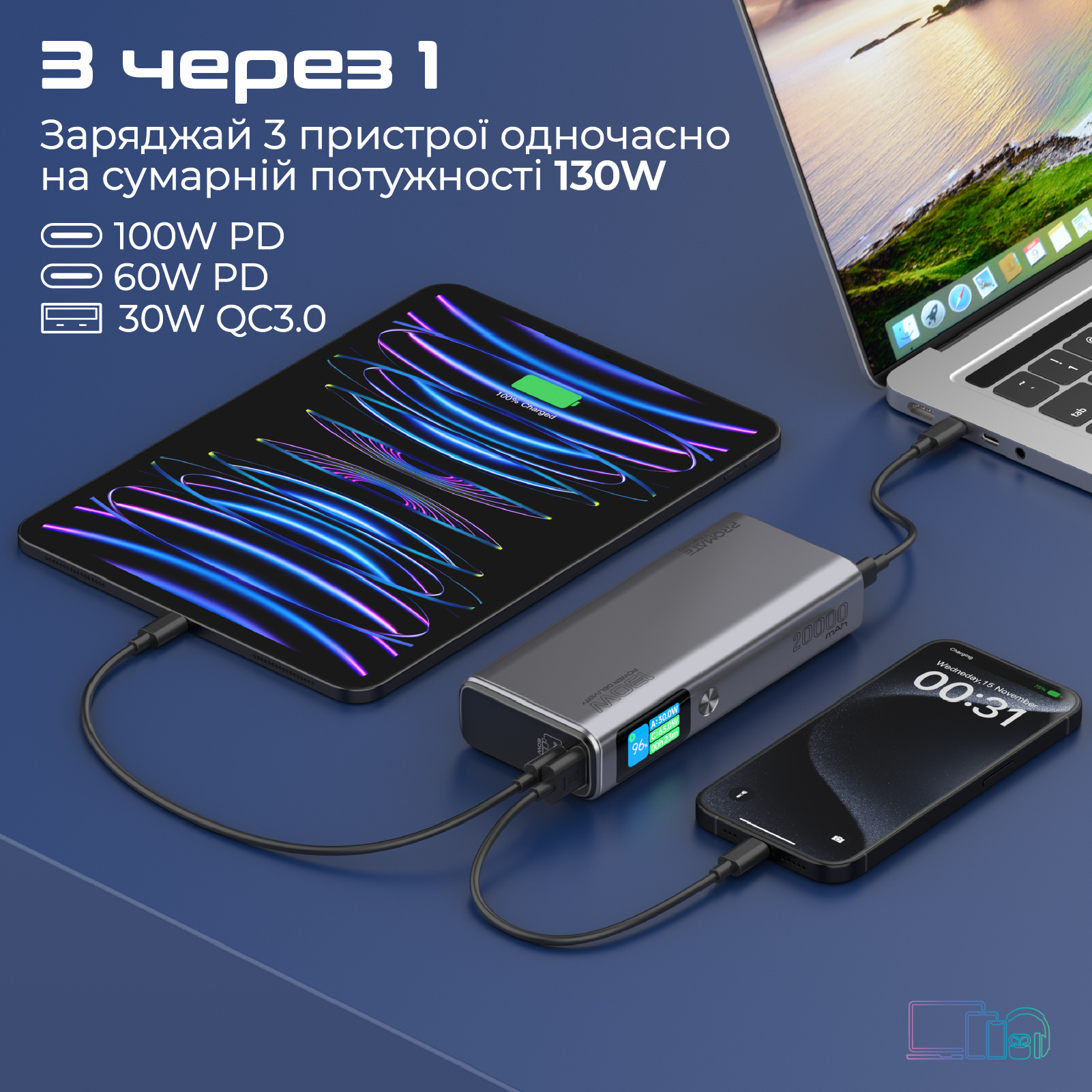 Універсальна мобільна батарея Promate Titan-130 130W 20000mAh Gray - изображение 4