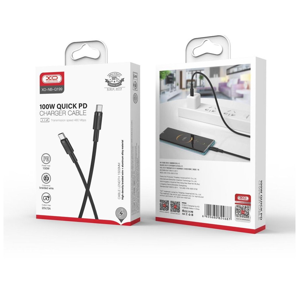 Дата кабель USB-C to USB-C 1.0m 100W braided black XO (NBQ199_С_Black) - зображення 3