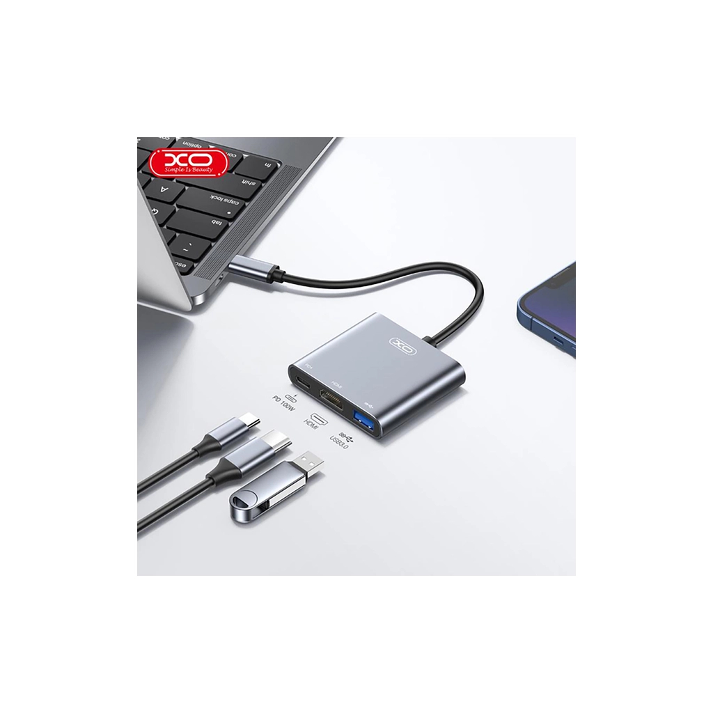 Концентратор XO USBC to USBCPD100W + HDMI 4K30Hz + USB 3.0 grey (HUB011.tranish) - зображення 3
