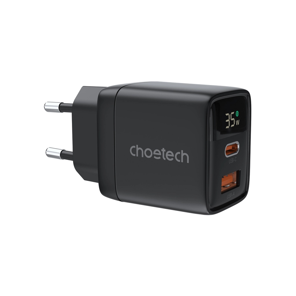 Зарядний пристрій Choetech 1xUSB + 1xUSB-C PD35W with display black (PD6052-EU-BK) - зображення 1