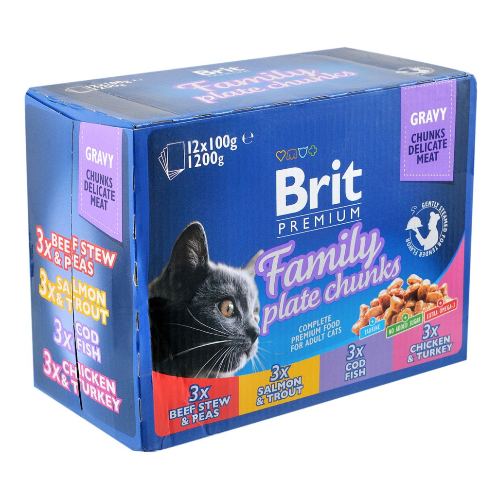 Вологий корм для кішок Brit Premium Cat сімейна тарілка асорті 4 смаки 100 г х 12 шт (8595602506255) - зображення 1