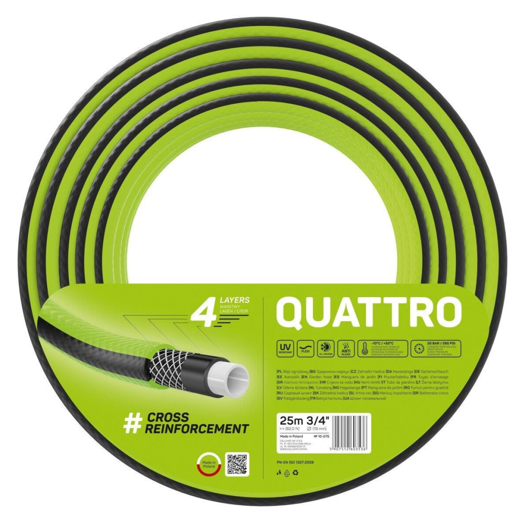 Шланг для поливу Cellfast QUATTRO, 3/4', 25м, 4 шари, до 20 Бар, -10…+50°C (10-075) - изображение 1