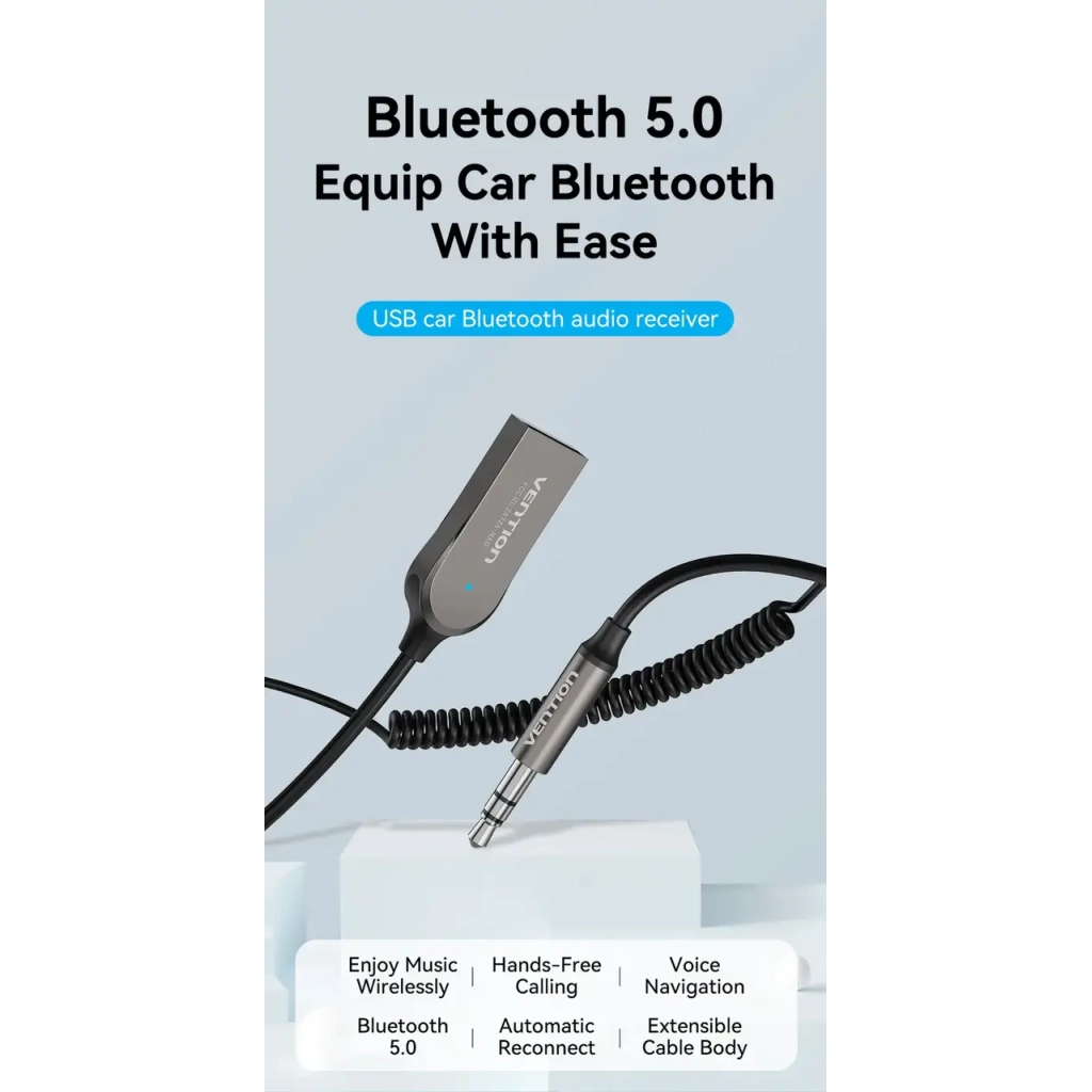 FM модулятор Vention AUX TRS 3.5мм USB Bluetooth 5.0 Coiled Cable 1.5M Gray Zinc (NAGHG) - изображение 6