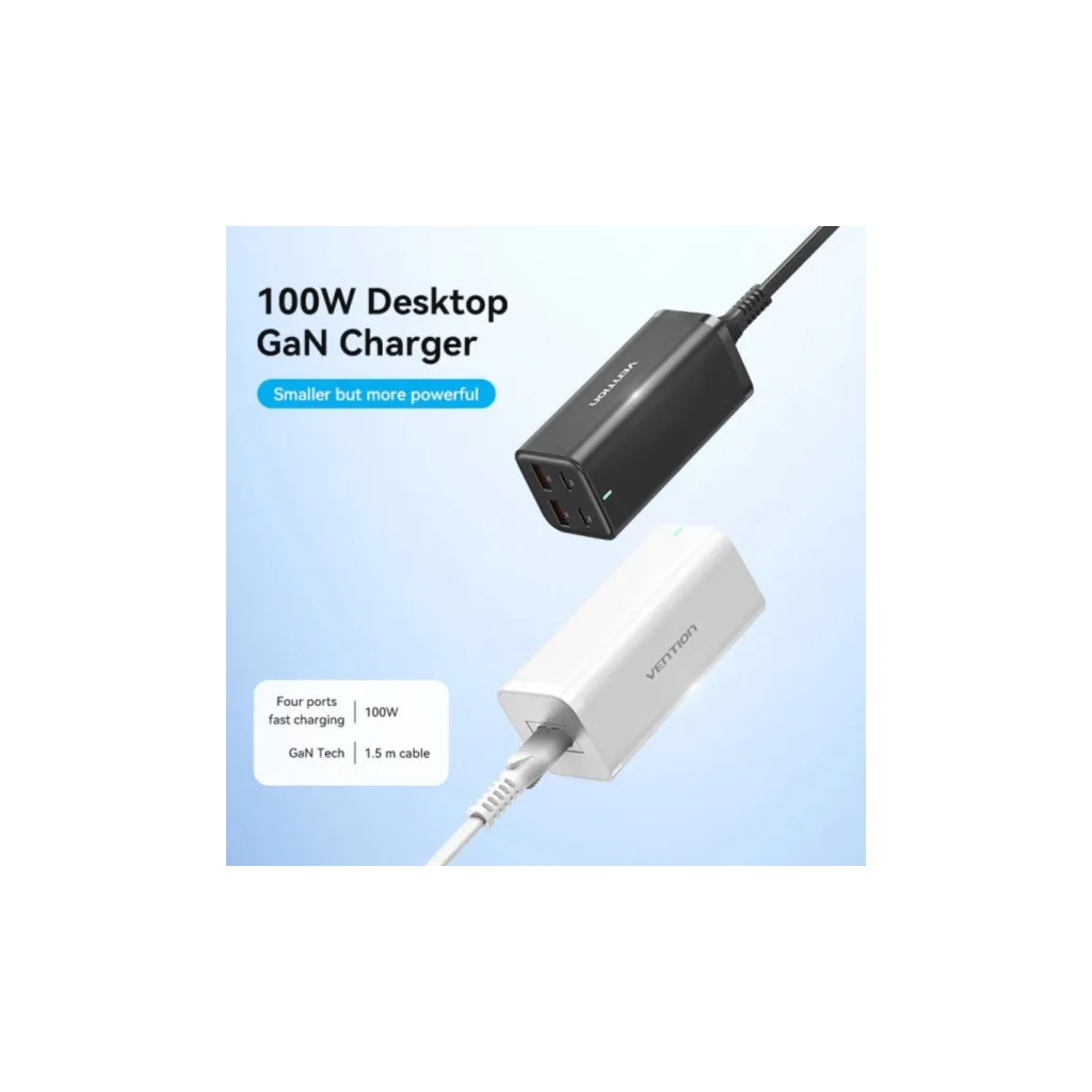Зарядний пристрій Vention 4xUSB 100W (2xUSB-C+2xUSB-A) PD3.0/QC 3.0/GaN Black (FBSBG-EU) - зображення 3