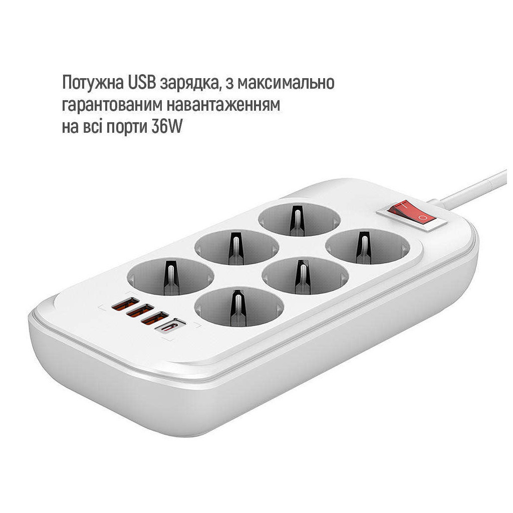 Мережевий фільтр живлення ColorWay CW-CHE64PDW, 6 розеток/4USB 2M (CW-CHE64PDW) - изображение 5