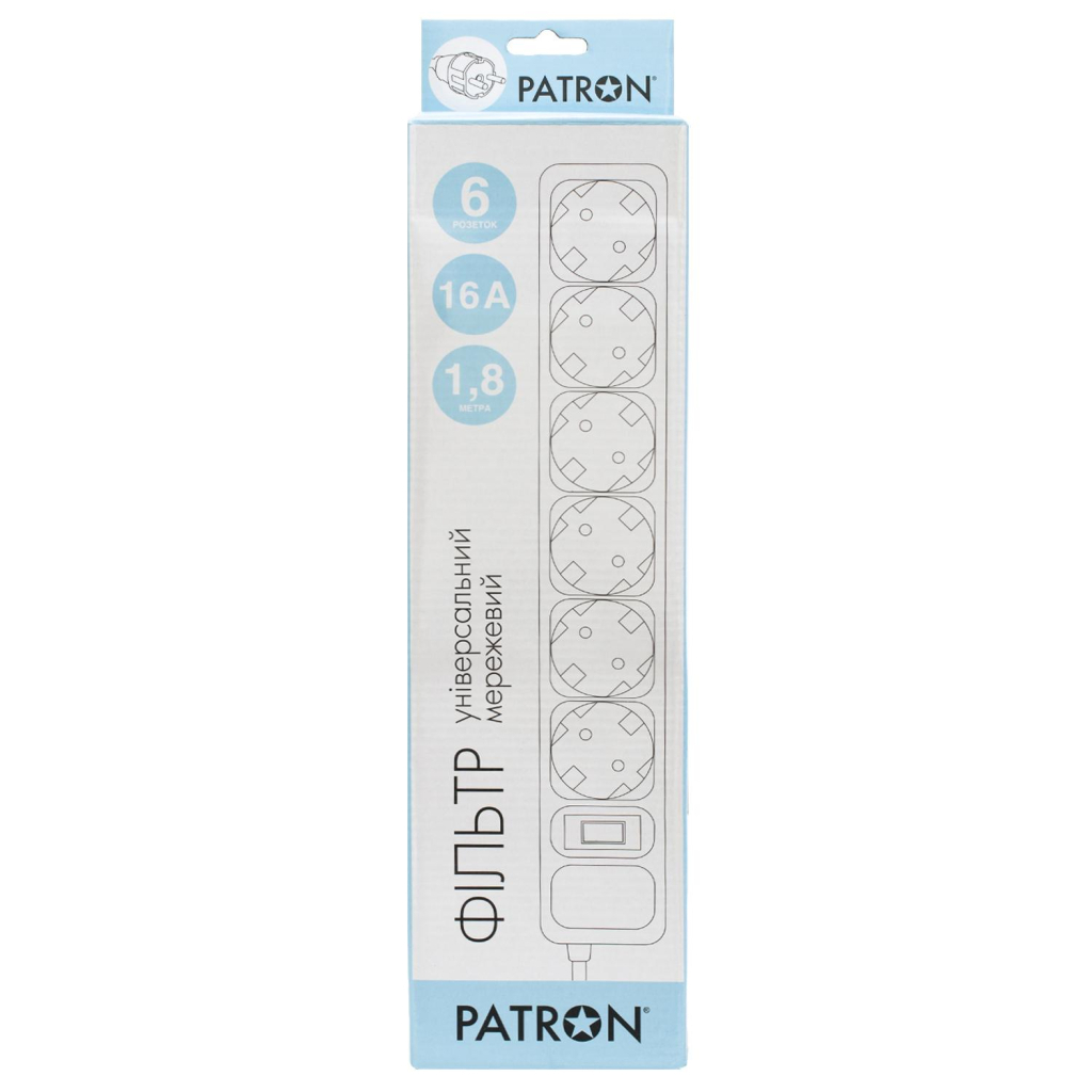 Мережевий фільтр живлення Patron 1.8 m3*1.5mm2 (SP-1662) 6 розеток BLACK (EXT-PN-SP-1662) - зображення 2