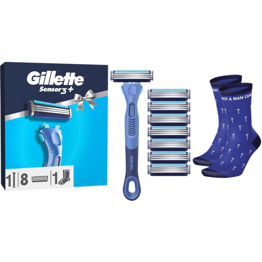 Набір косметики Gillette Станок для гоління чоловічий Sensor3 + Comfort з 8 змінними картриджами + Шкарпетки (8006530050715) - зображення 1