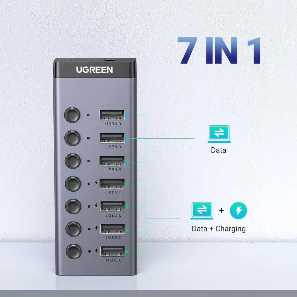 Концентратор Ugreen USB 3.0 to 7xUSB 3.0 with power supply CM481 gray (90307) - зображення 3