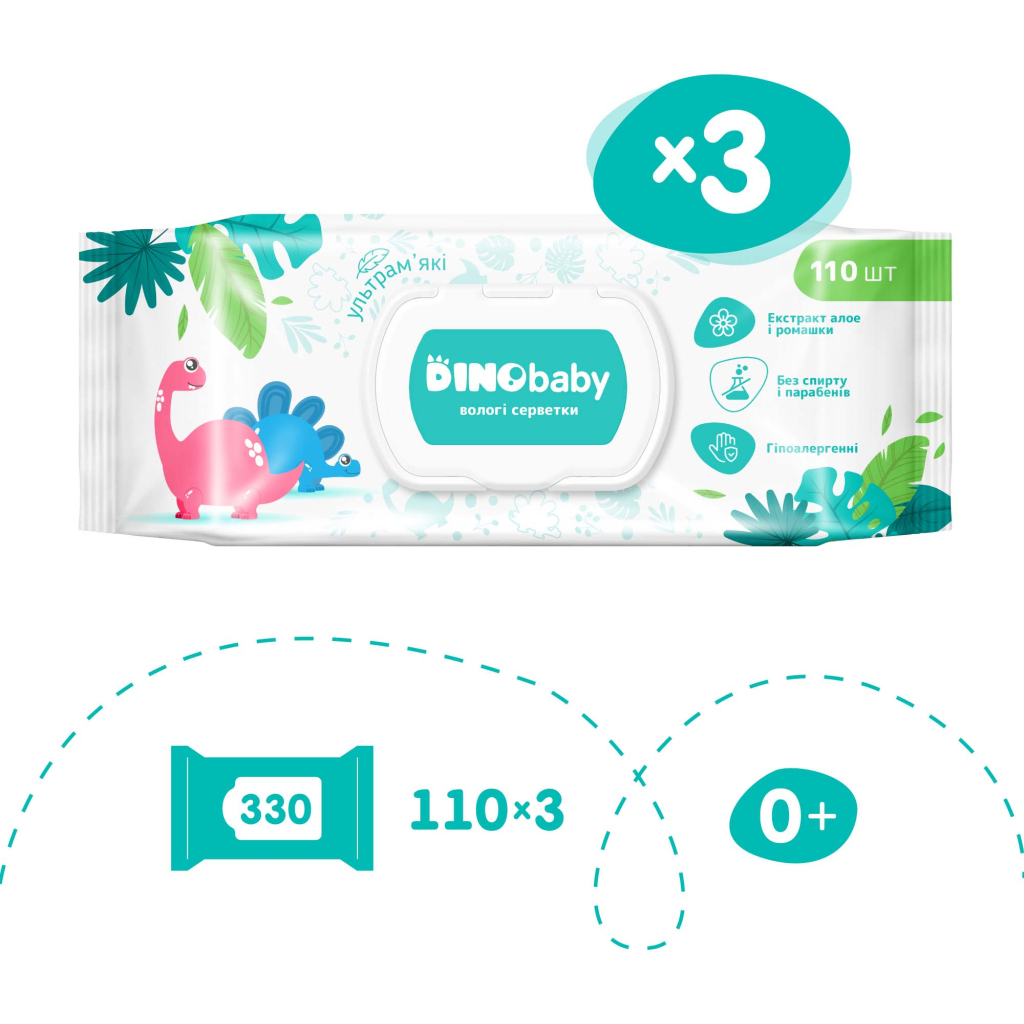 Дитячі вологі серветки Dino Baby 3 упаковки по 110 шт (2000998939984) - зображення 2