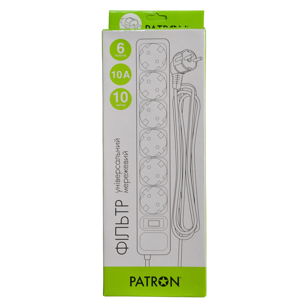 Мережевий фільтр живлення Patron 10 m3*1mm2 (SP-10610) 6 розеток BLACK (EXT-PN-SP-10610) - зображення 2