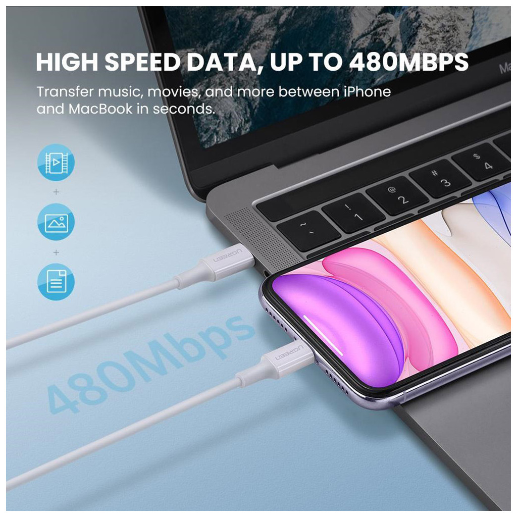Дата кабель USB-C to Lightning 2.0m US1713A Nickel Plating ABS Shell White Ugreen (60749) - зображення 3