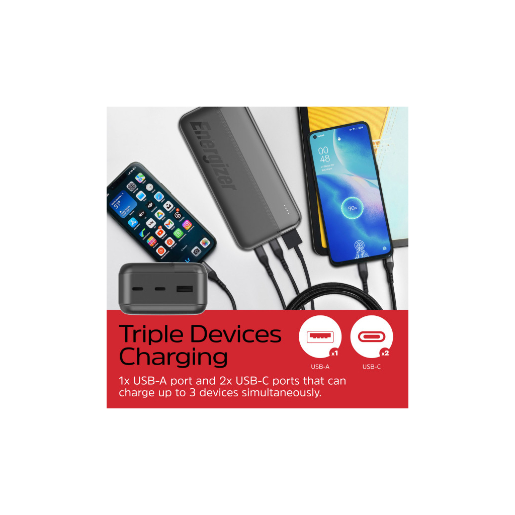 Батарея універсальна Energizer 30000mAh 15W 3A, USB-А, 2хUSB-C Black (UE30050CC) - зображення 6