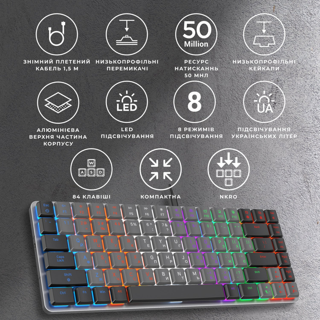 Клавіатура GamePro MK140R Red Swich Low Profile USB Dark Gray (MK140R) - зображення 7