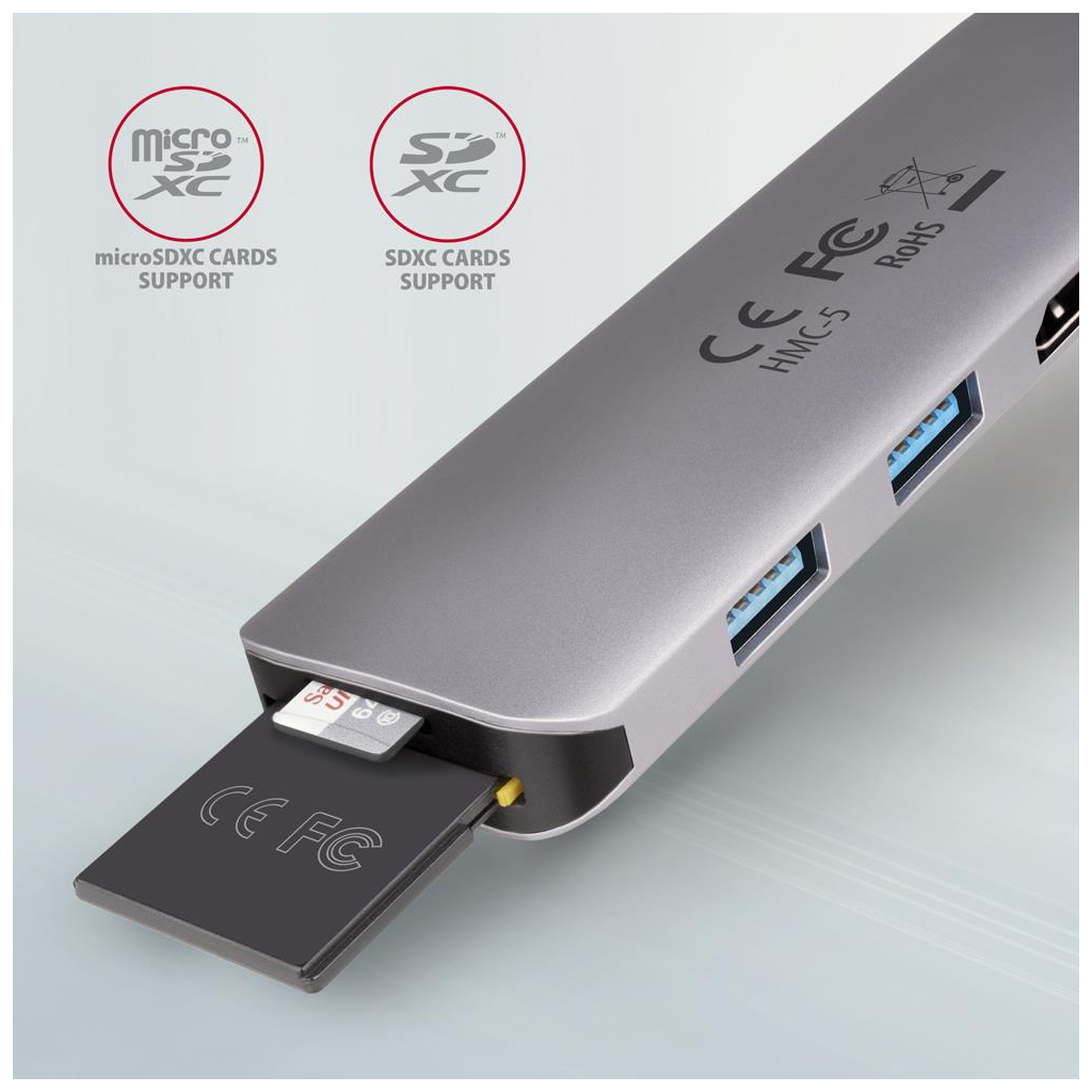 Концентратор AXAGON USB-C to 2xUSBA + HDMI + SD/microSD + USB-C PD 100W 0.2m grey (HMC-5) - зображення 3