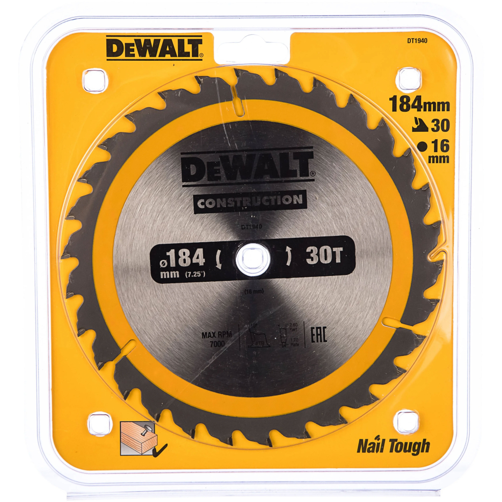 Диск пильний DeWALT СONSTRUCTION, 184 х 16 мм, 30 z, АТВ, 10 градусів (DT1940) - зображення 1