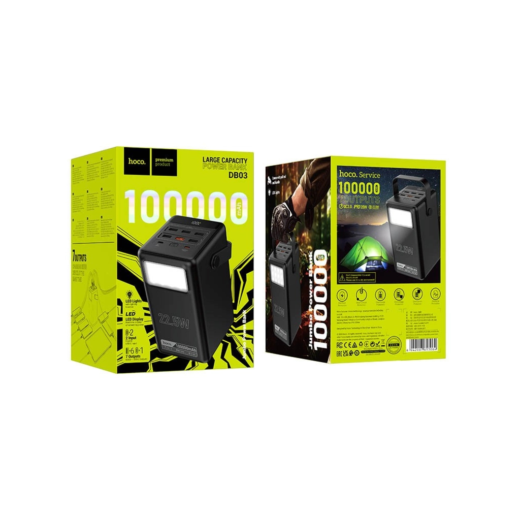 Батарея універсальна HOCO 100000mAh Endure 22.5W PD, QC, LED Lamp, Black (DB03 / 714721) - зображення 6