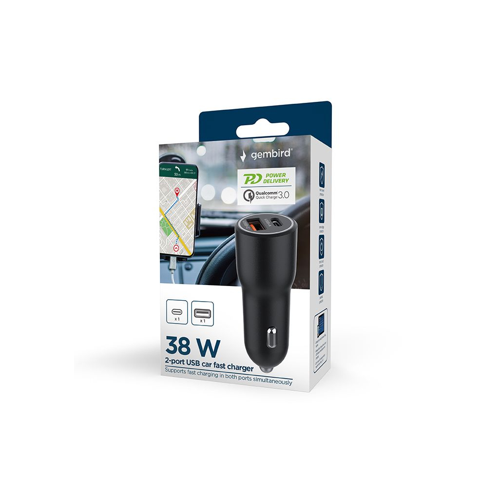 Зарядний пристрій Gembird 1xUSB-A (18W QC3.0) + 1xUSB-C (PD 20W) black (TA-UC-AC2PDQC38-CAR-01) - зображення 8
