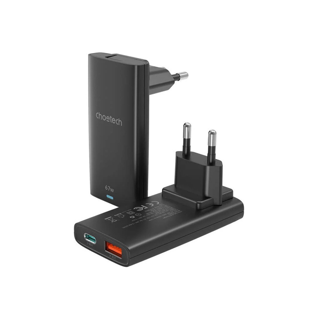 Зарядний пристрій Choetech 2xUSB 65W GaN (USB-C+USB-A) Ultra thin (PD6011-EU-BK) - зображення 1