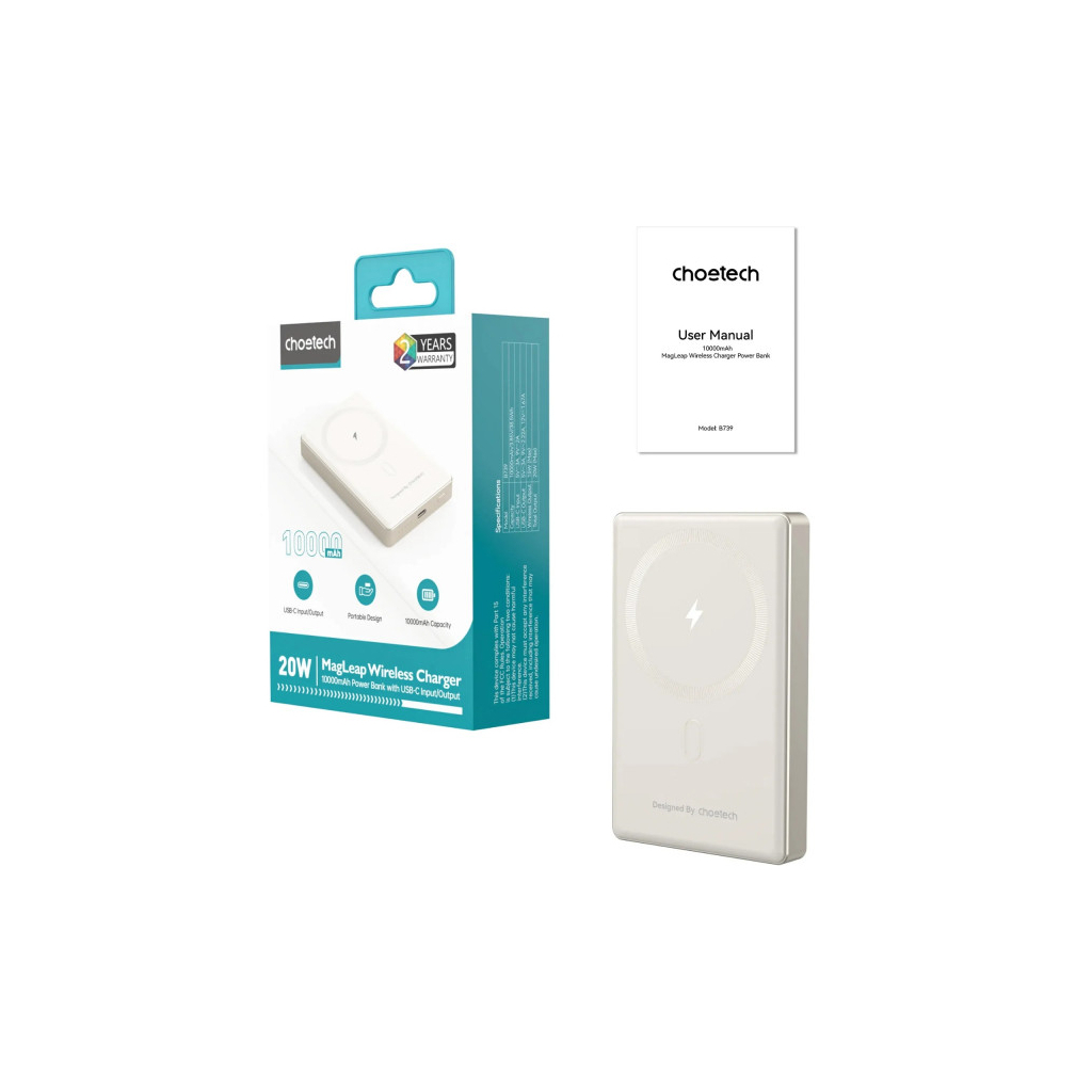 Батарея універсальна Choetech Magnetic Wireless 10000mAh 20W, PD, Qi-15W, USB-C In/Out Ultra-thin, Beige (B739-CCCWH) - зображення 3