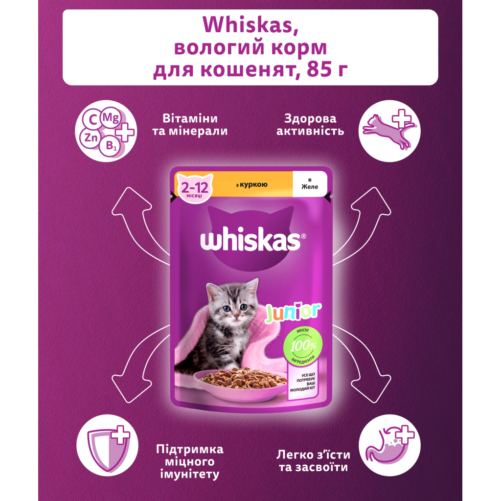 Вологий корм для кішок Whiskas Kitten Курка в желе 85 г (5900951302152/5900951302138) - зображення 4